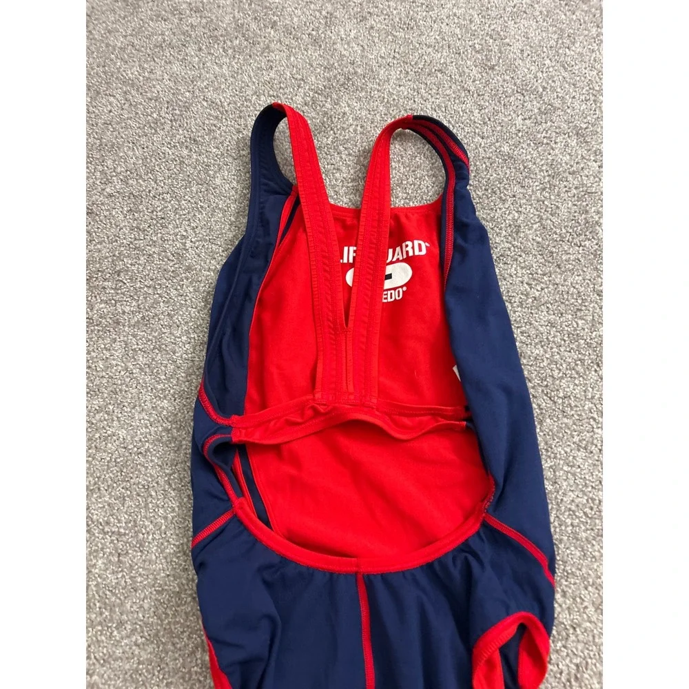 Speedo Lifeguard One Piece Swimsuit Womens 22 Navy Blue Red Excellent Racerback